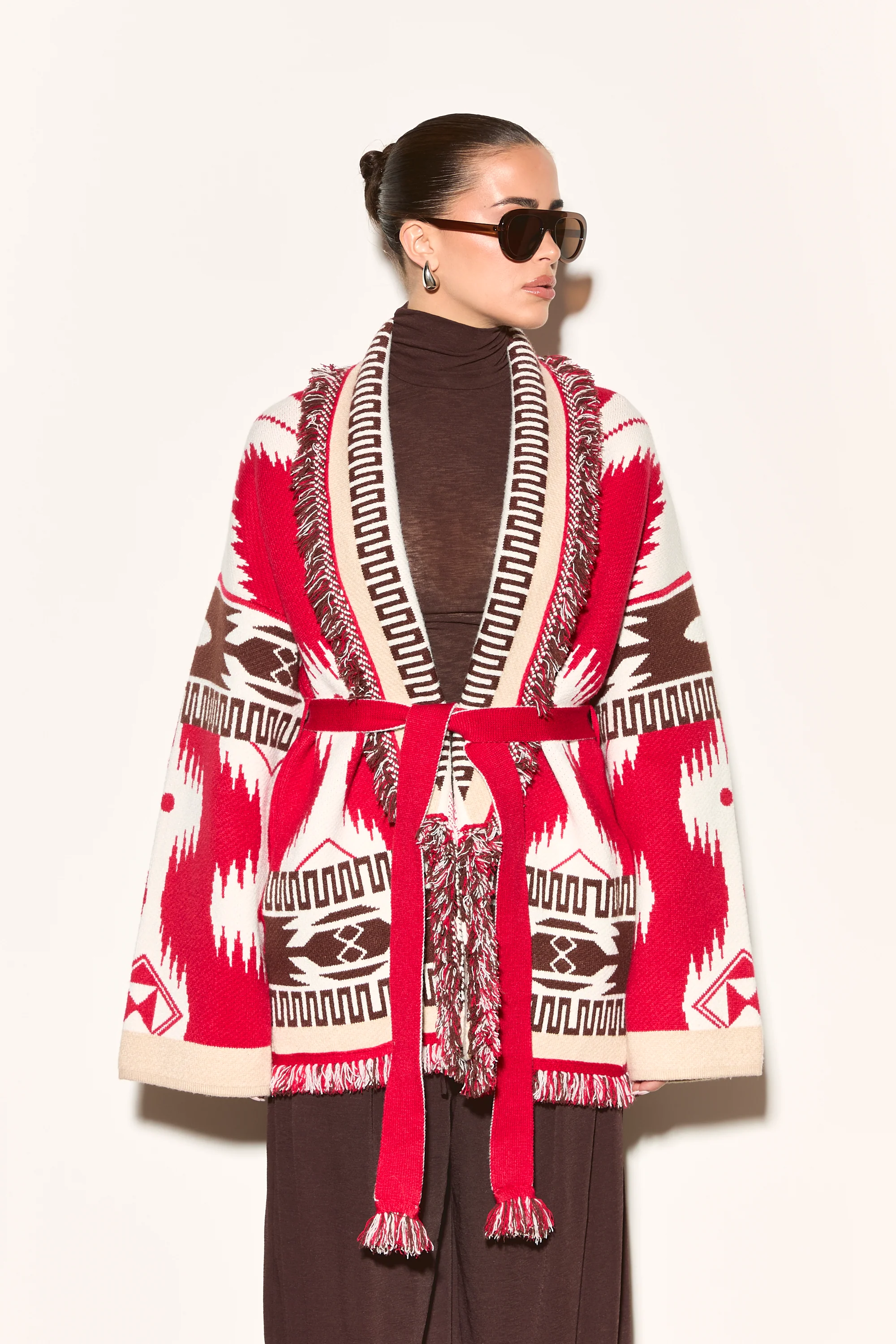 ARIA Red Aztec Long Cardigan