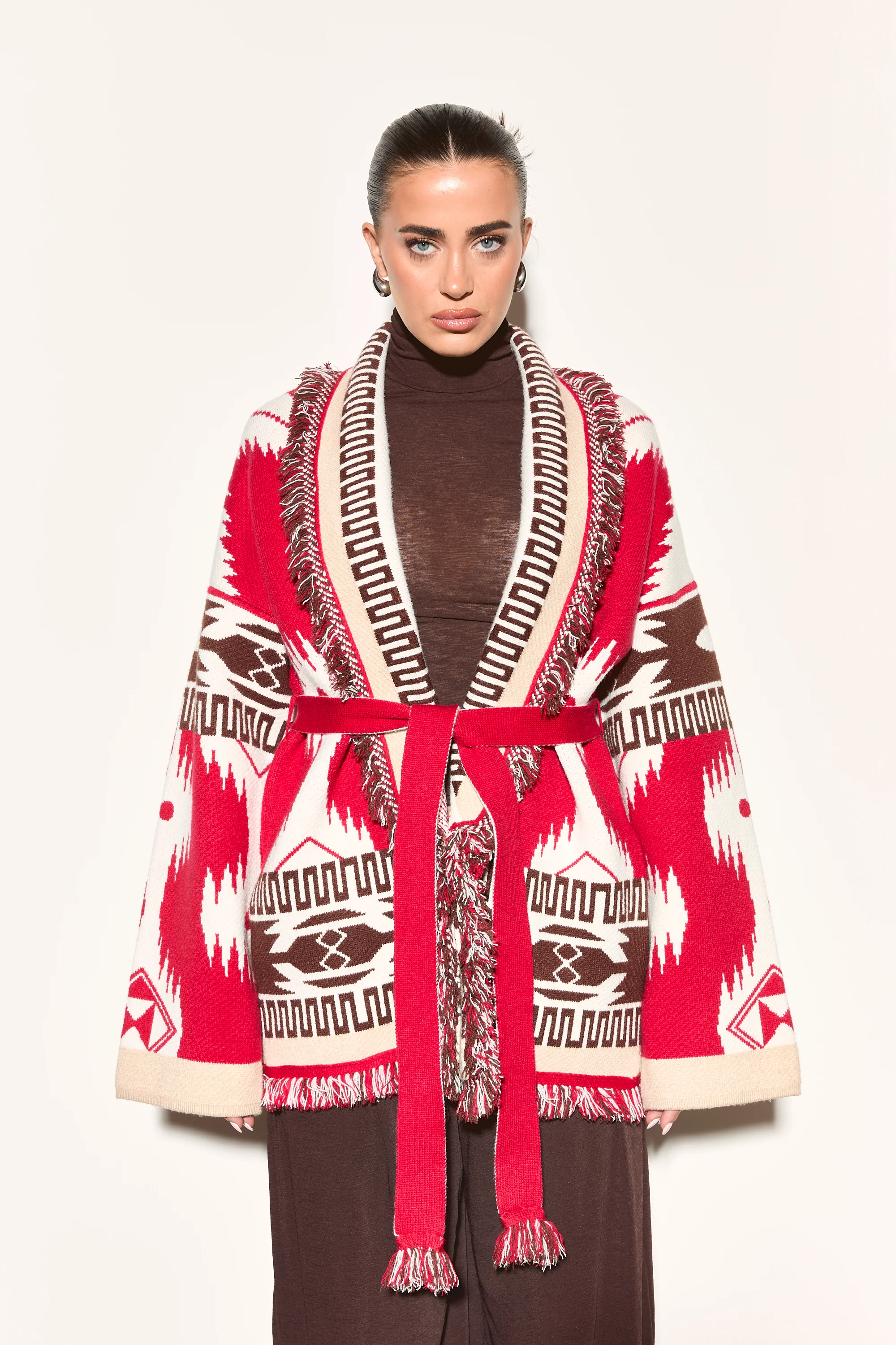 ARIA Red Aztec Long Cardigan - Image 3