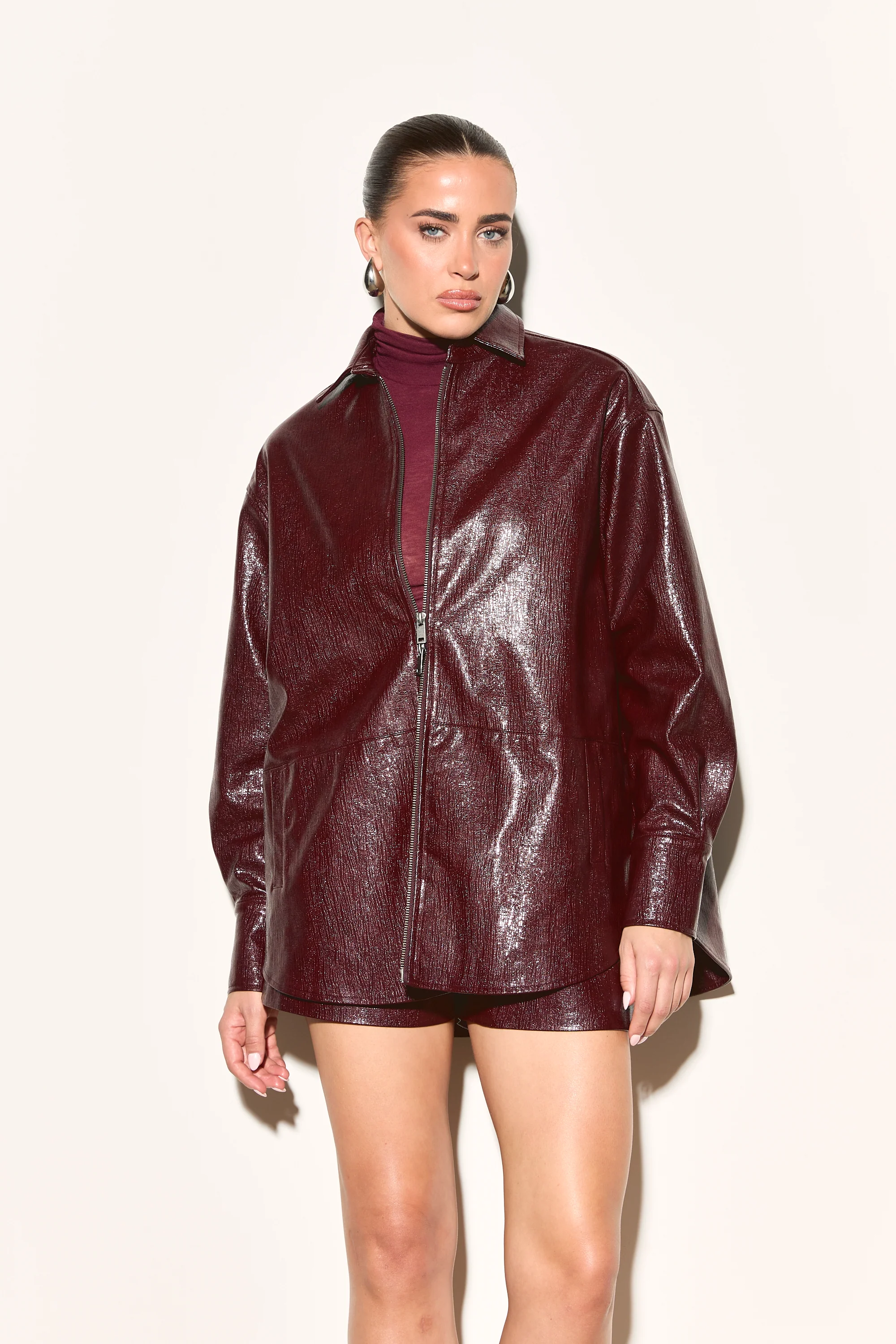 ATHENA Burgundy Vinyl Oversized Zip Front Shirt - Image 3