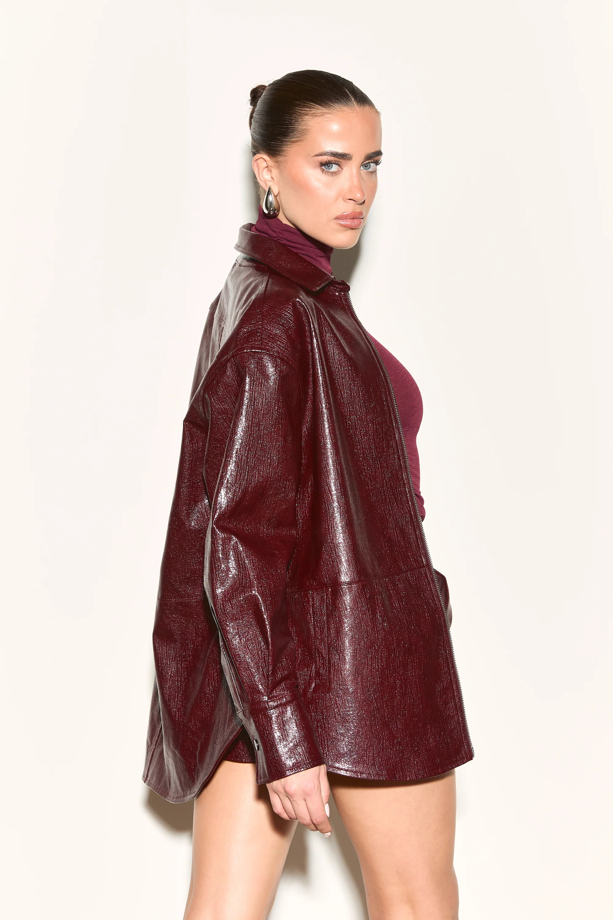 ATHENA Burgundy Vinyl Oversized Zip Front Shirt - Image 6