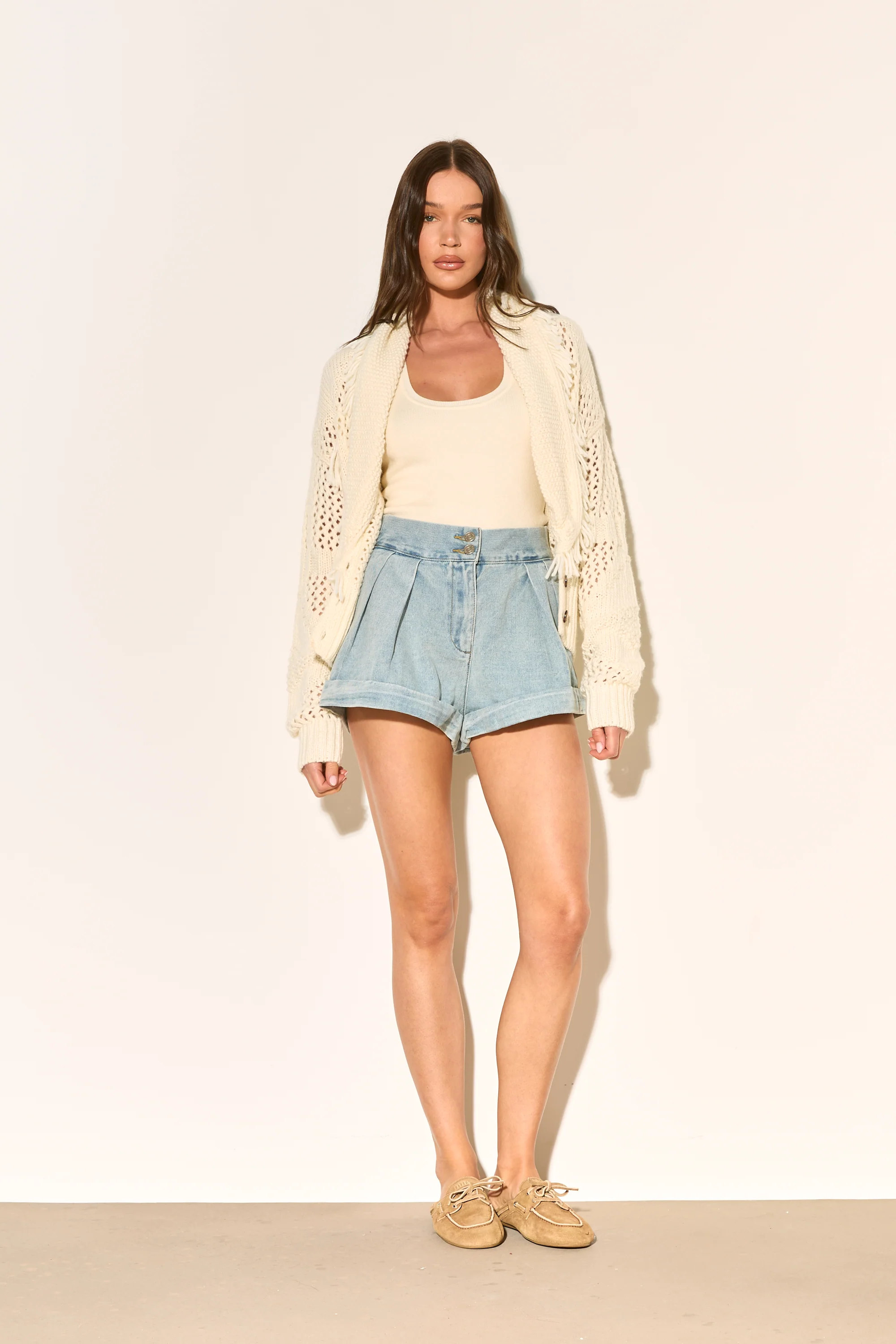 BELLE Blue Denim Pleated Shorts - Image 3