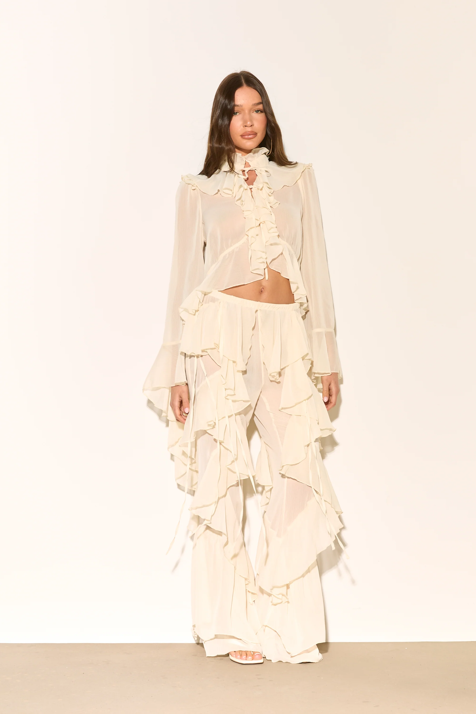 CELIA Cream Ruffle Flared Trousers - Image 4
