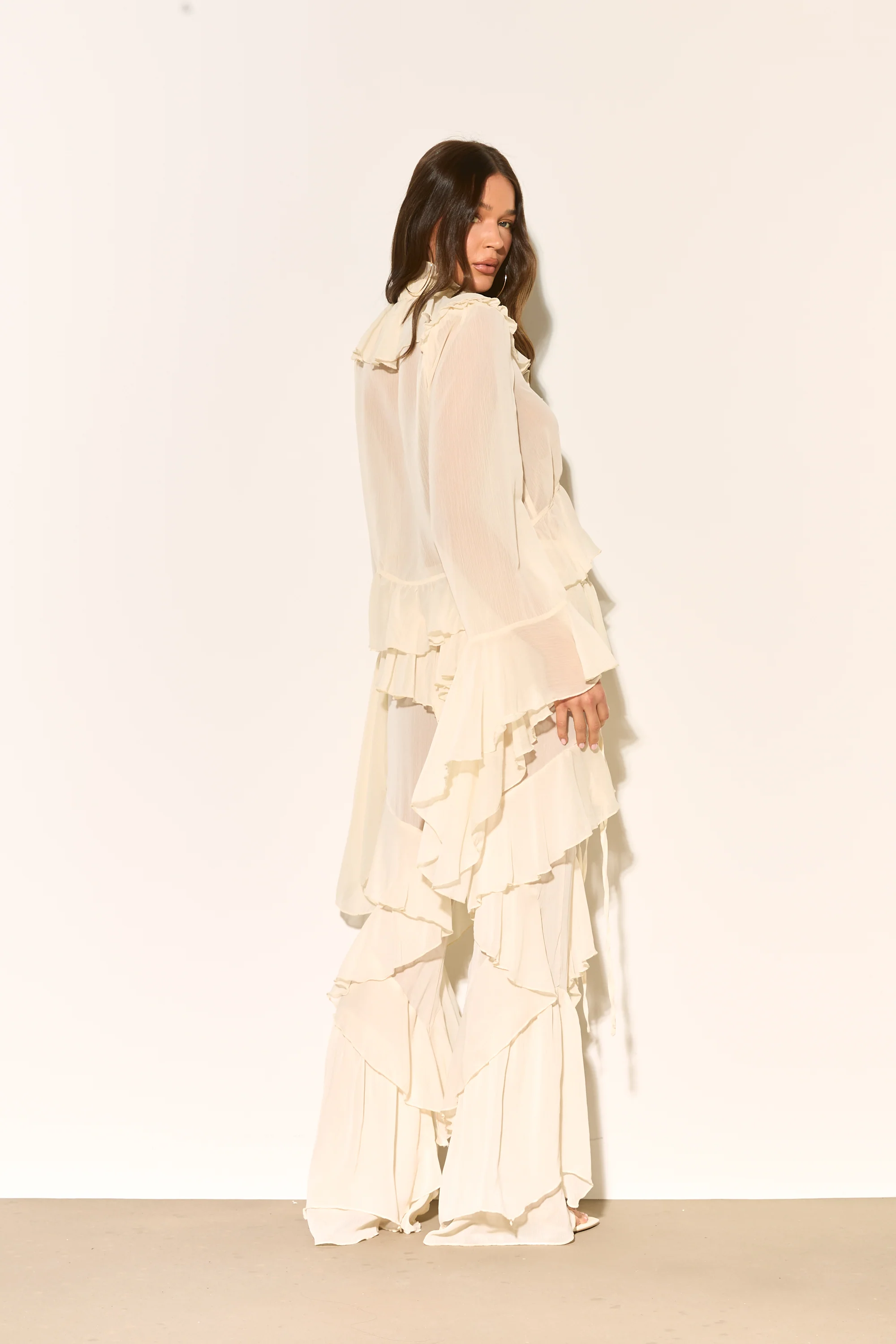 CELIA Cream Ruffle Flared Trousers - Image 5
