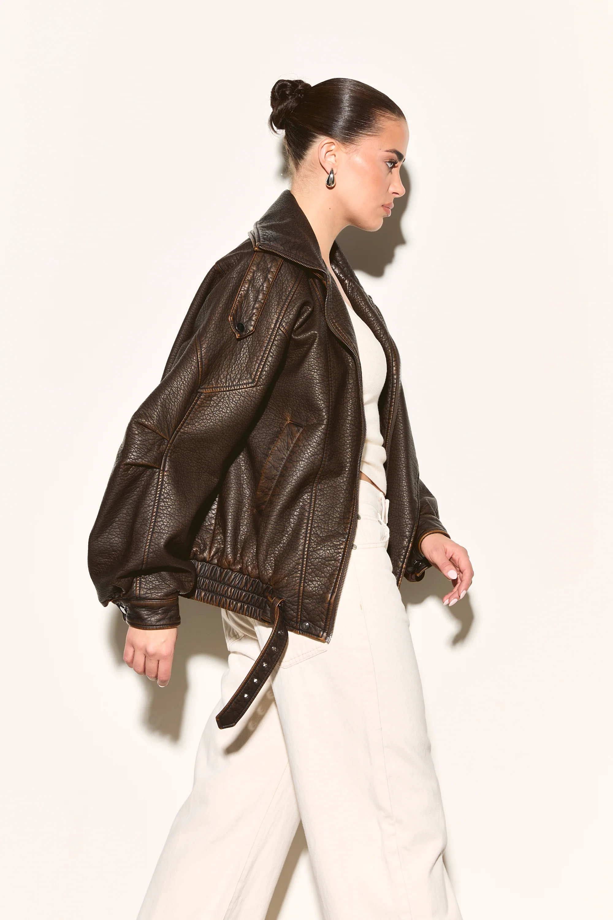 ESKA Brown Vegan Leather Oversized Biker Jacket - Image 6