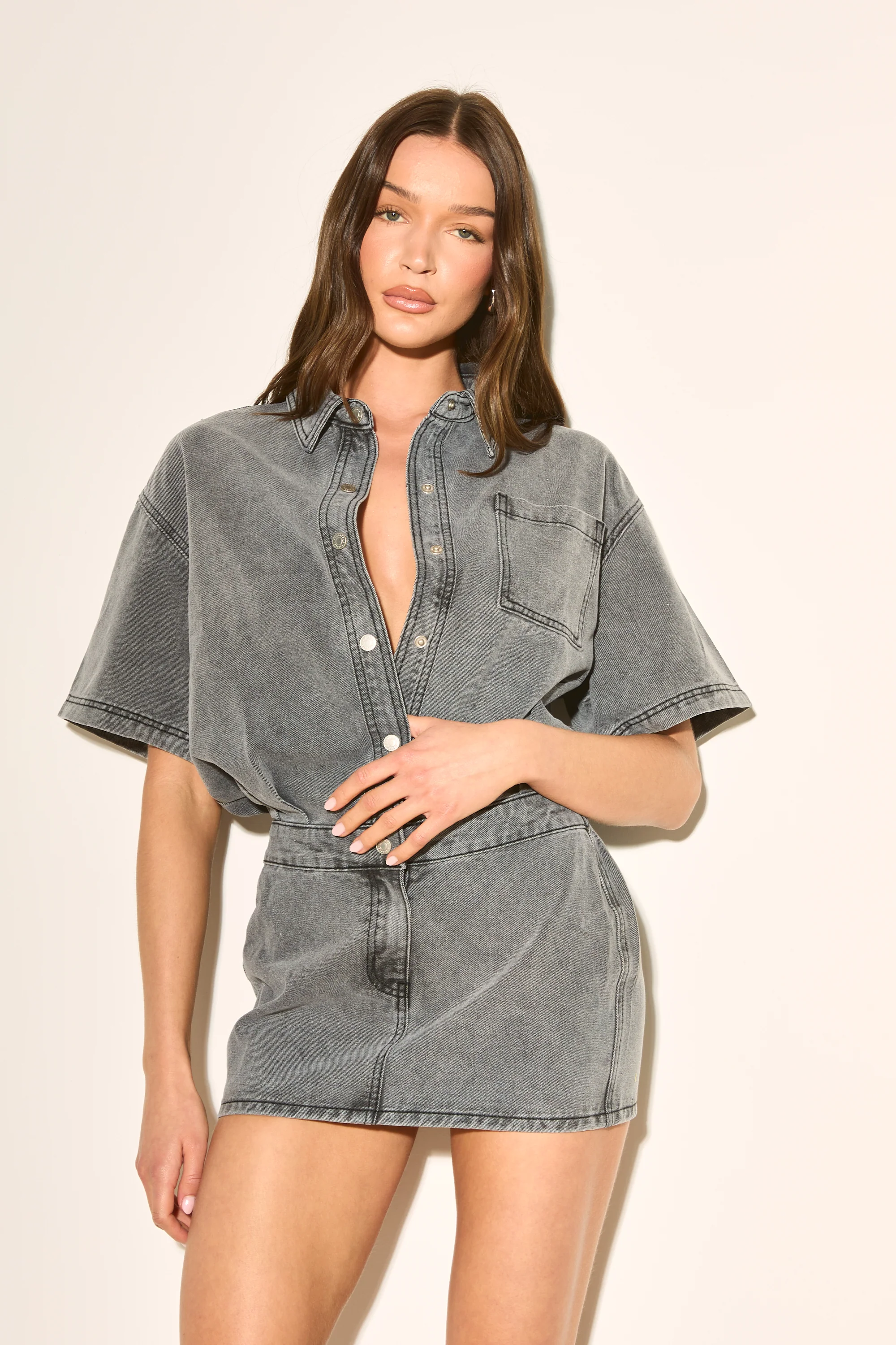 FARRAH Grey Denim Shirt Dress - Image 5