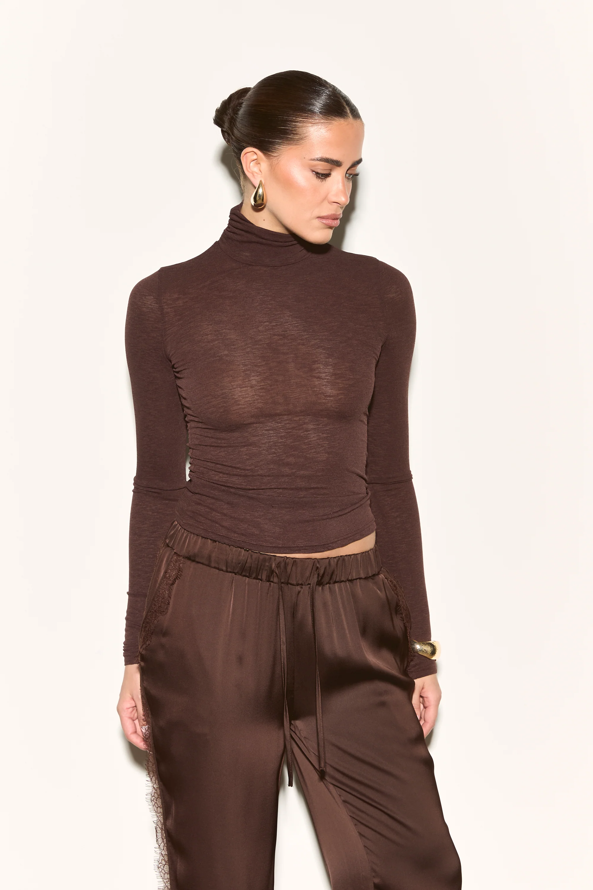 GINA Brown Fine Knit High Neck Top - Image 3