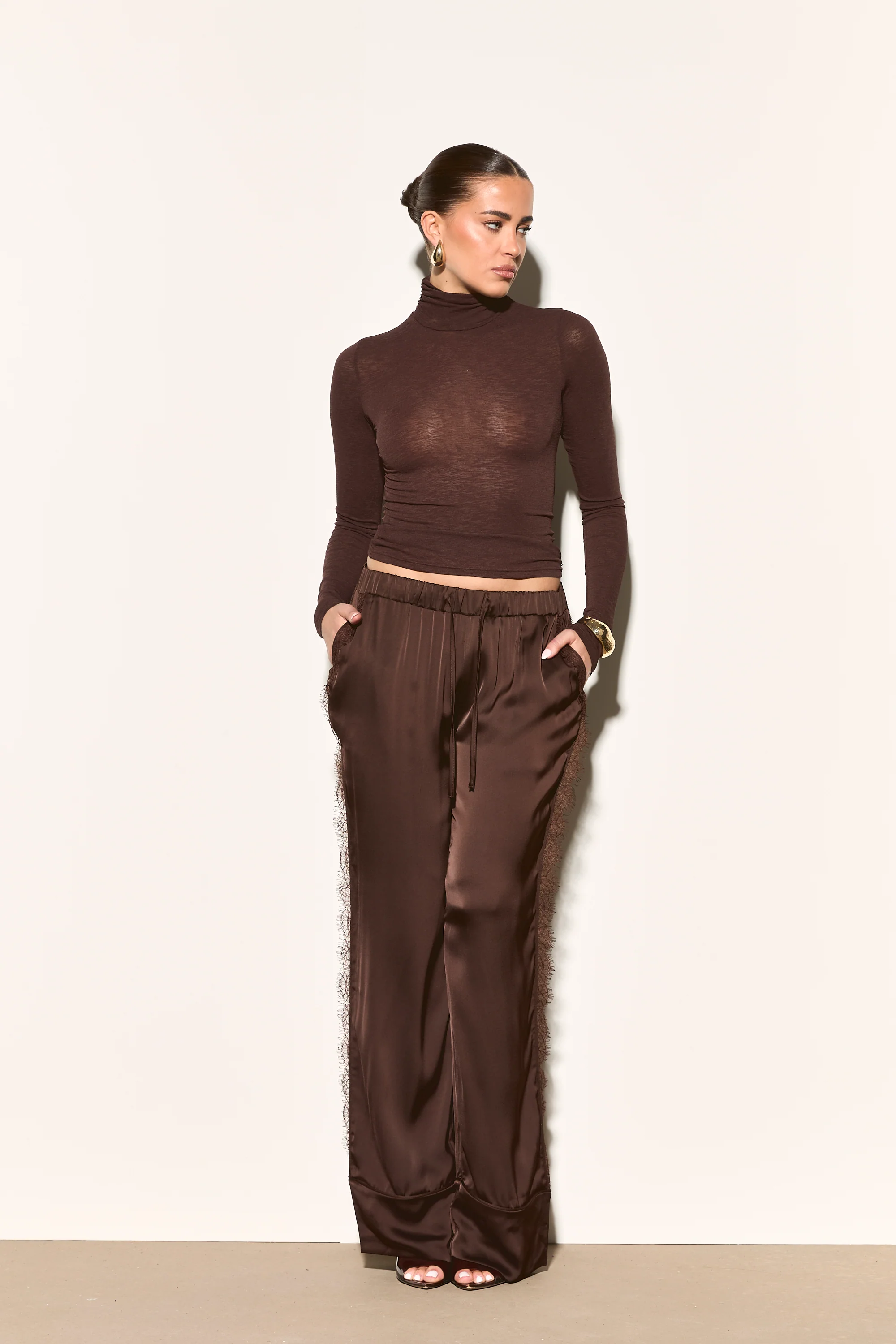 GINA Brown Fine Knit High Neck Top - Image 4