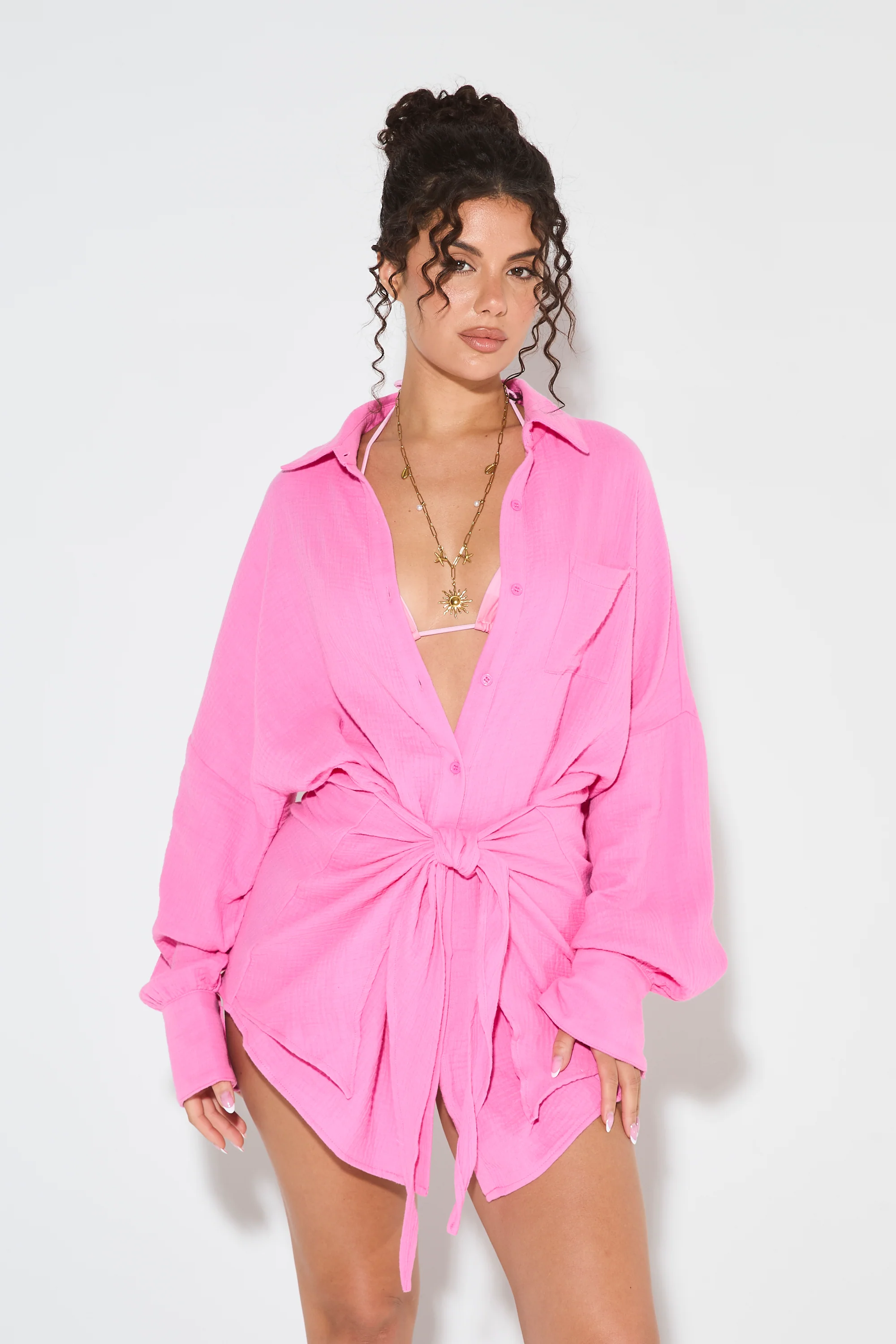 GRETA Pink Cheesecloth Knot Dress - Image 3