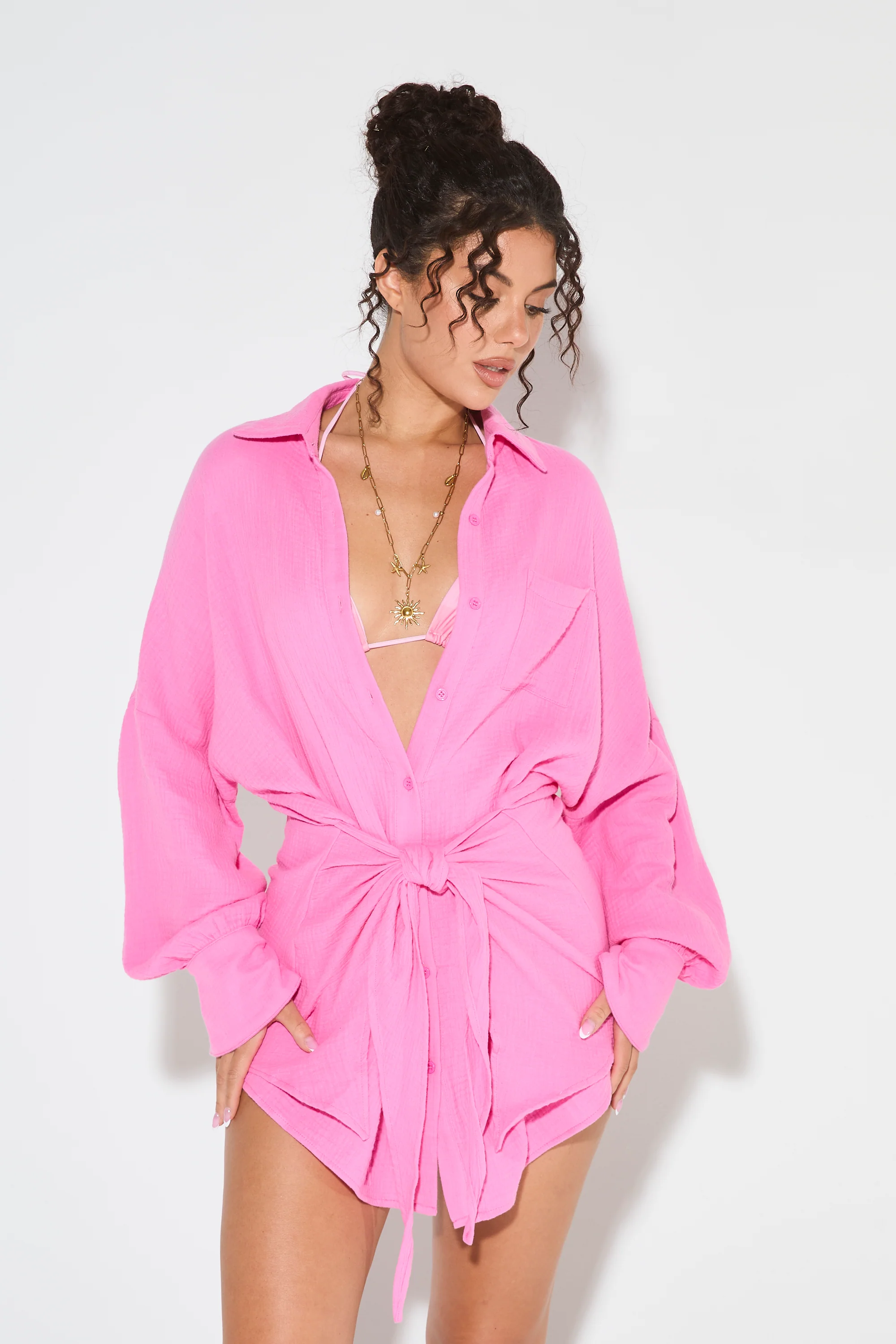 GRETA Pink Cheesecloth Knot Dress - Image 5