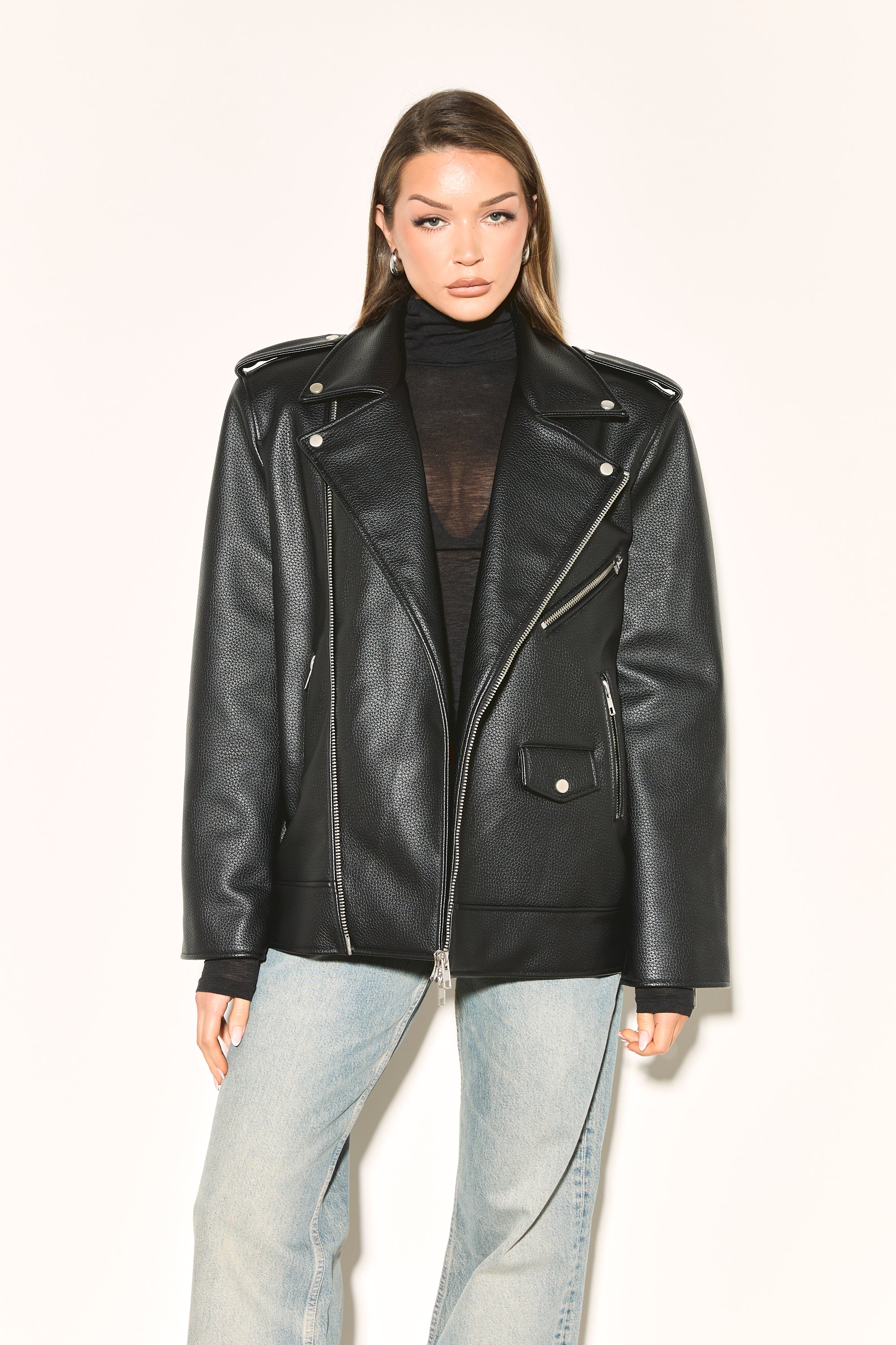 IRIS Black Oversized Vegan Leather Jacket - Image 4