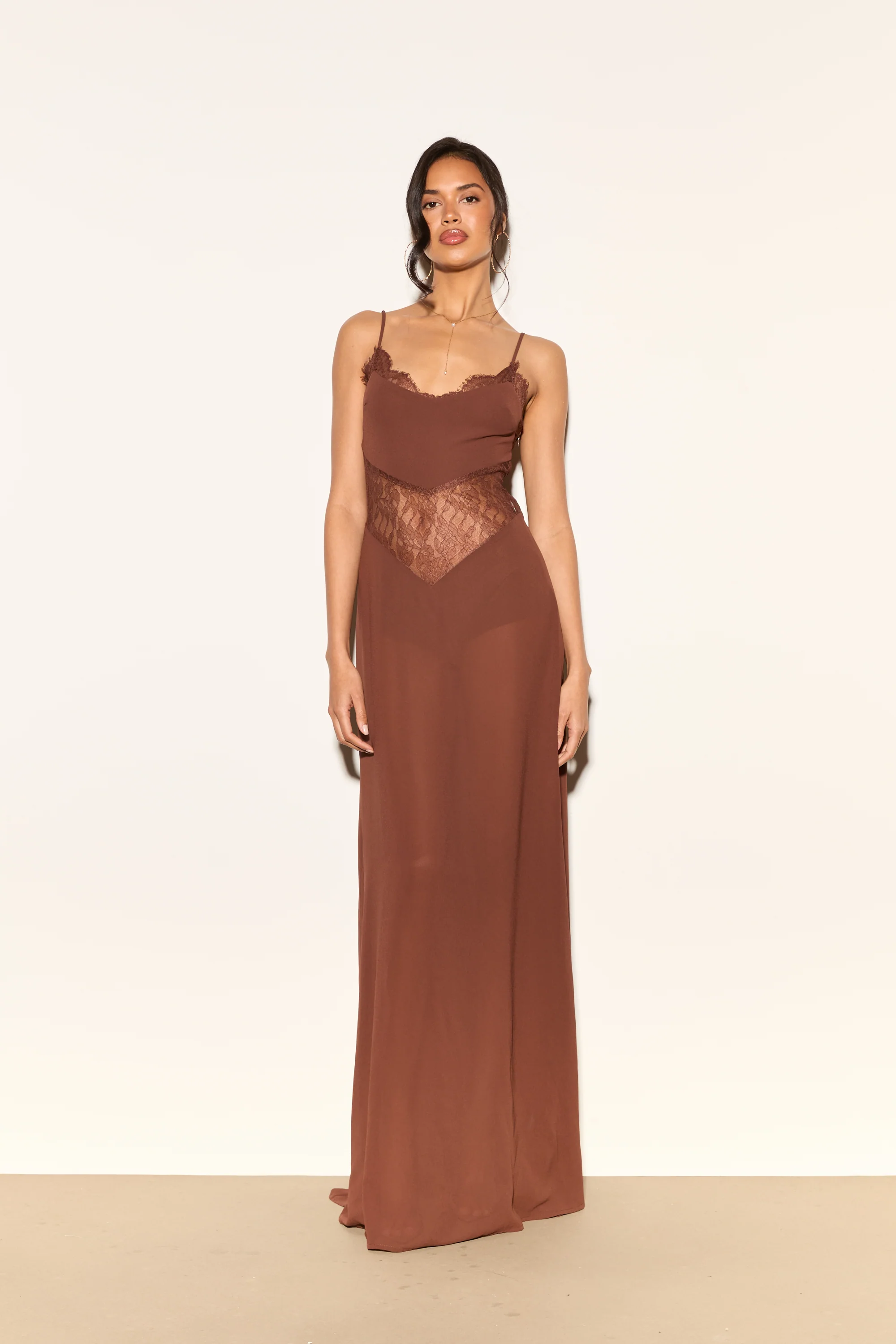 JORDANA Brown Lace Cutout Maxi Dress - Image 3