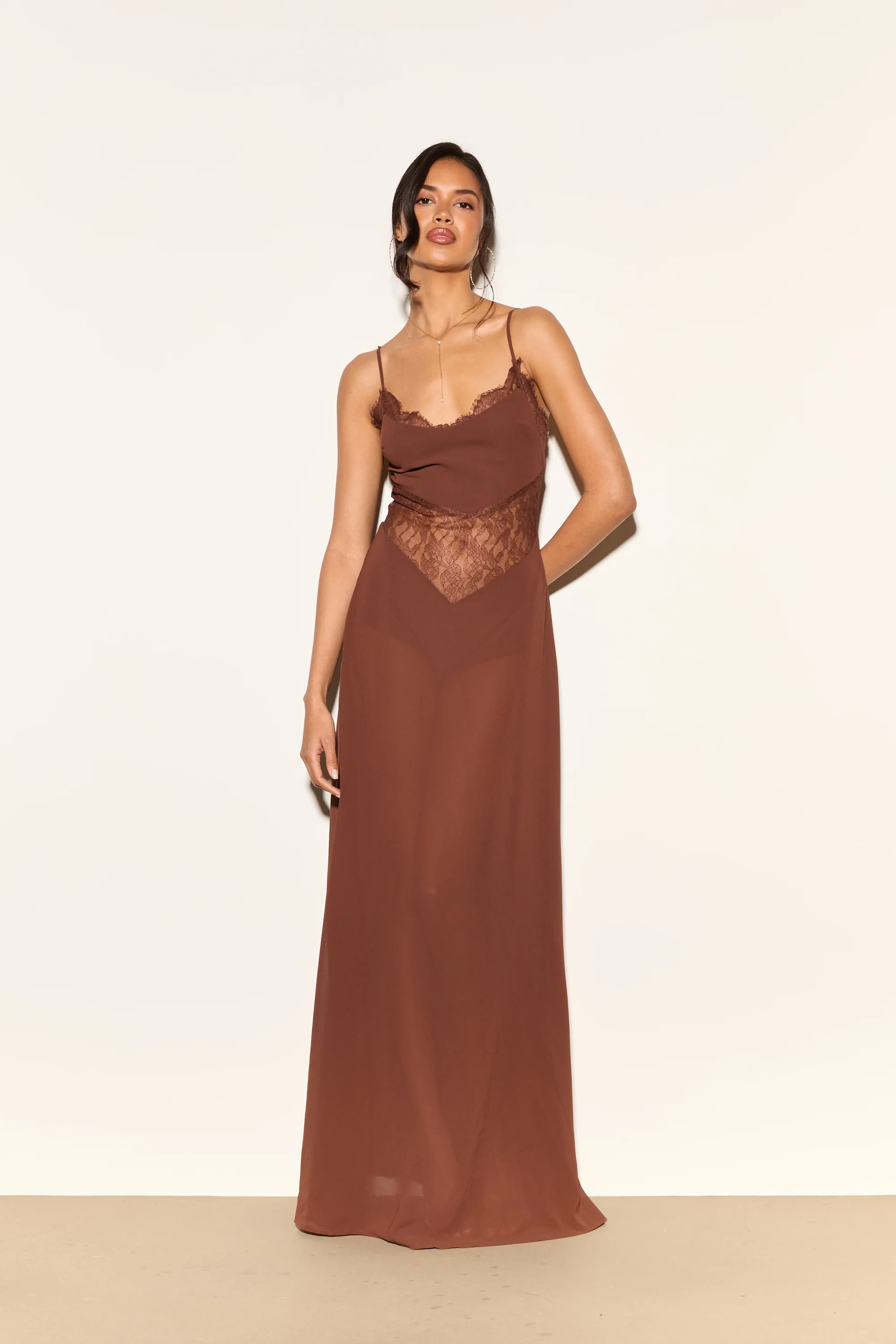 JORDANA Brown Lace Cutout Maxi Dress - Image 4