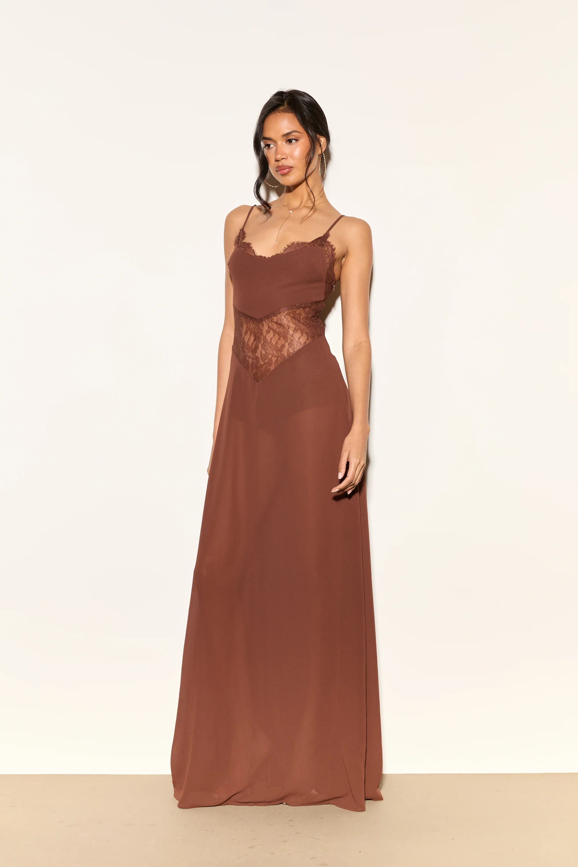 JORDANA Brown Lace Cutout Maxi Dress - Image 5