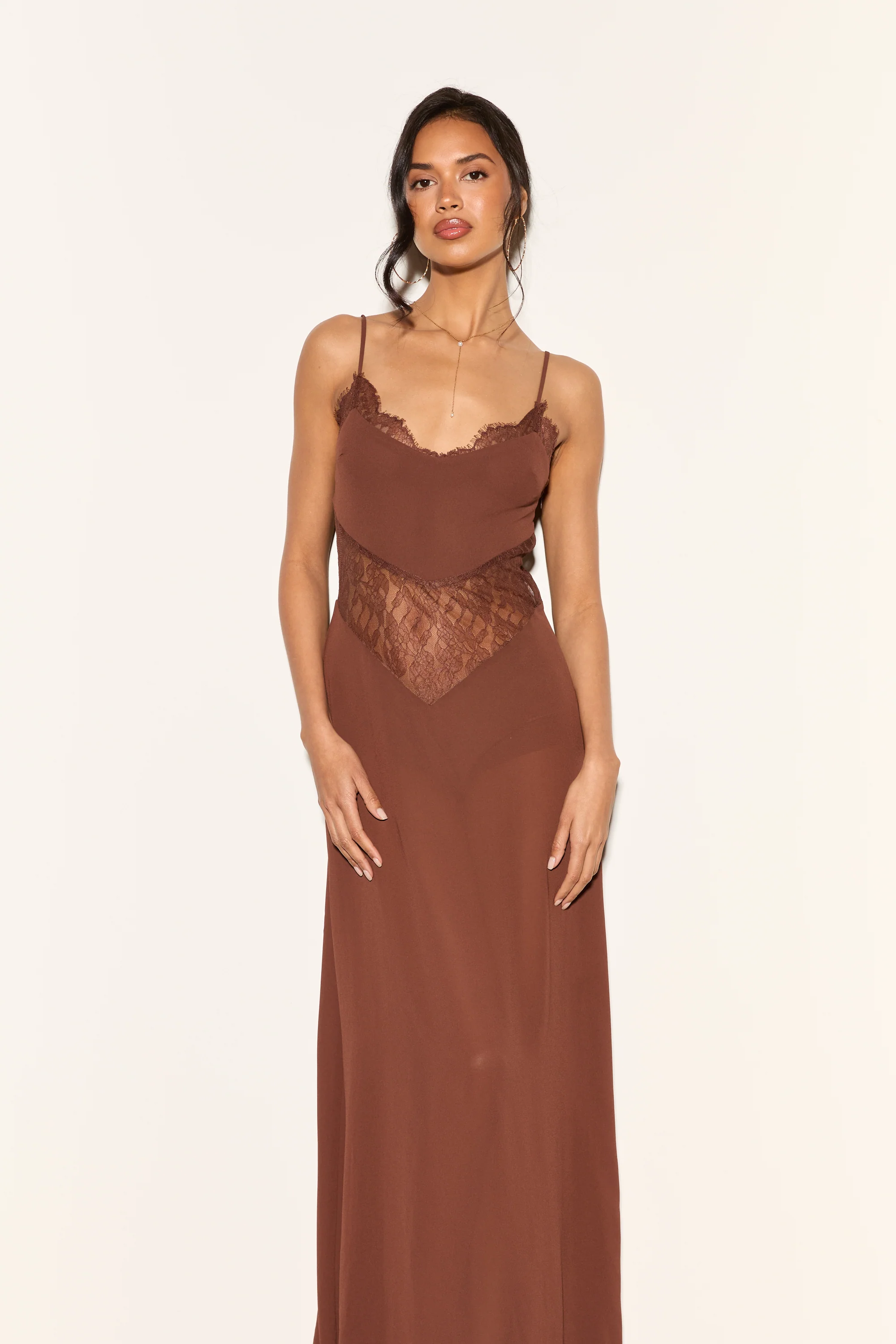 JORDANA Brown Lace Cutout Maxi Dress - Image 6