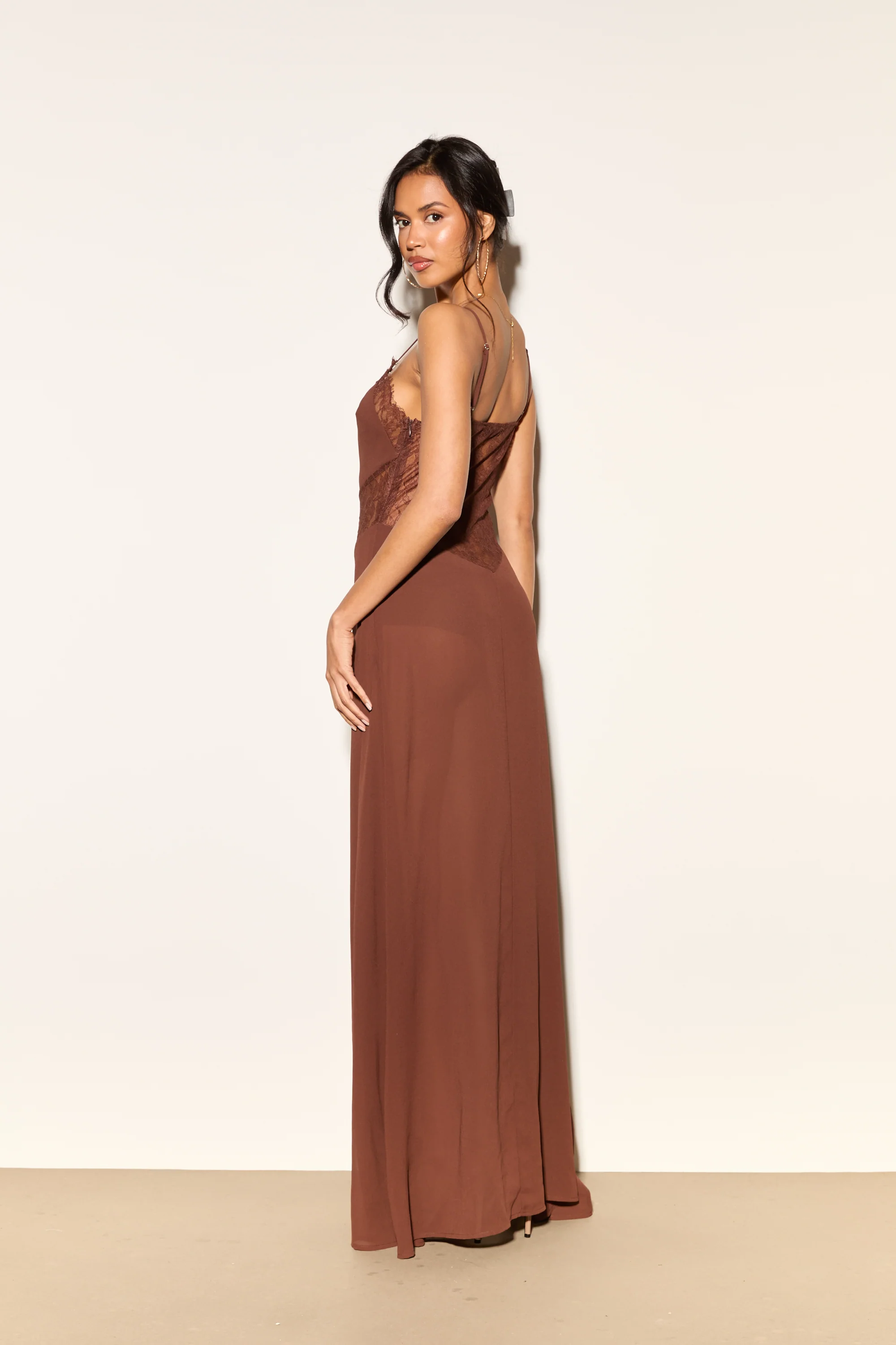 JORDANA Brown Lace Cutout Maxi Dress - Image 8