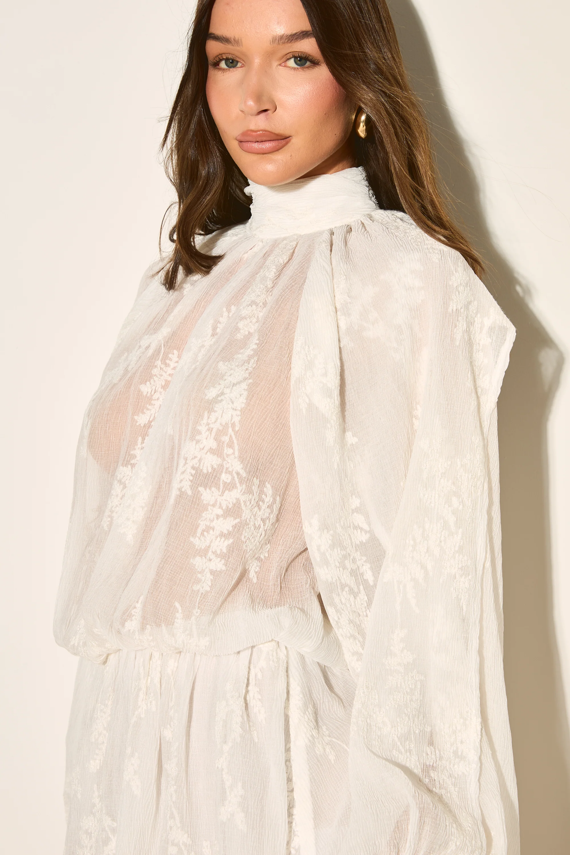 JOSELYN White High Neck Lace Ruffle Dress - Image 6
