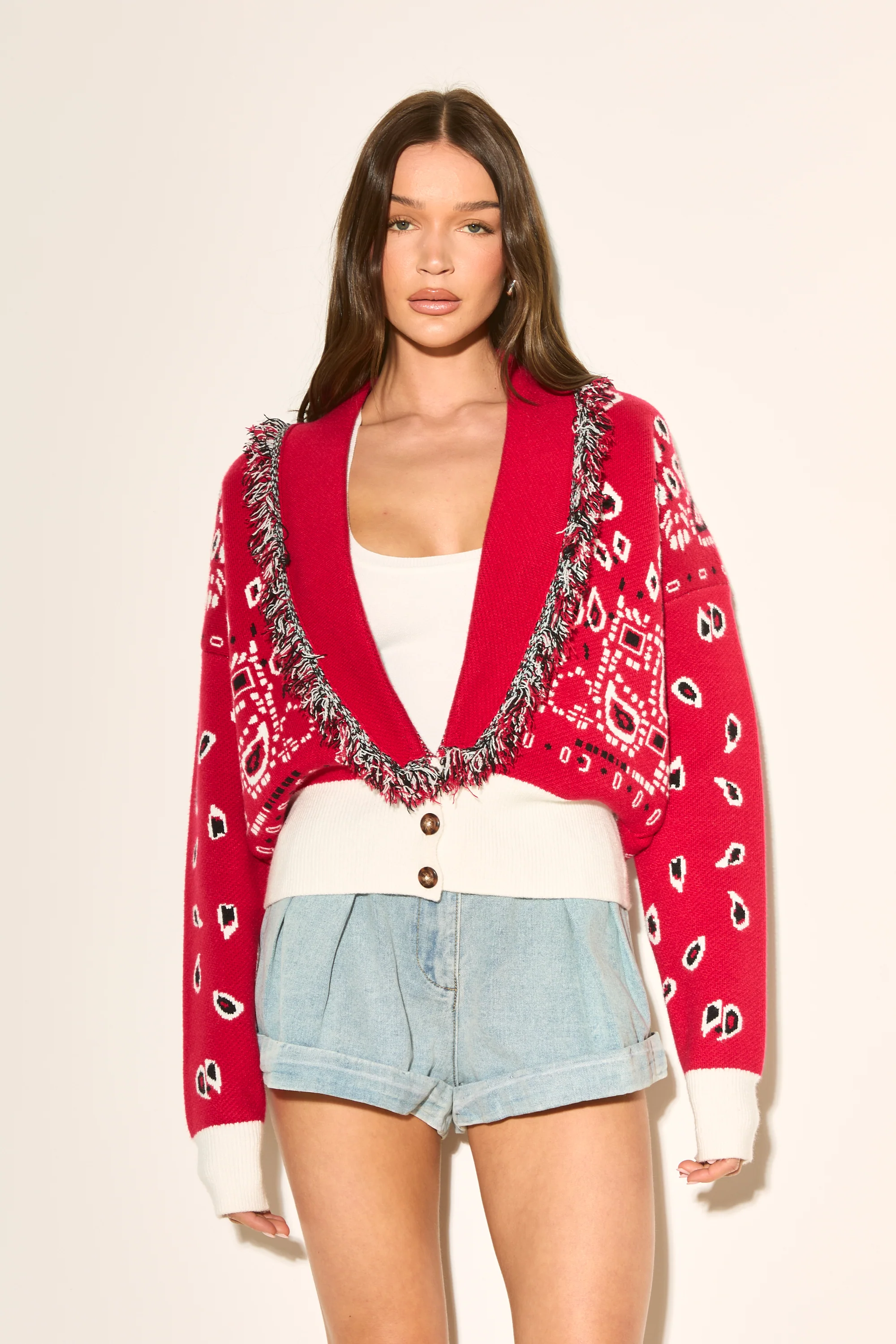 LANA Red Paisley Short Cardigan