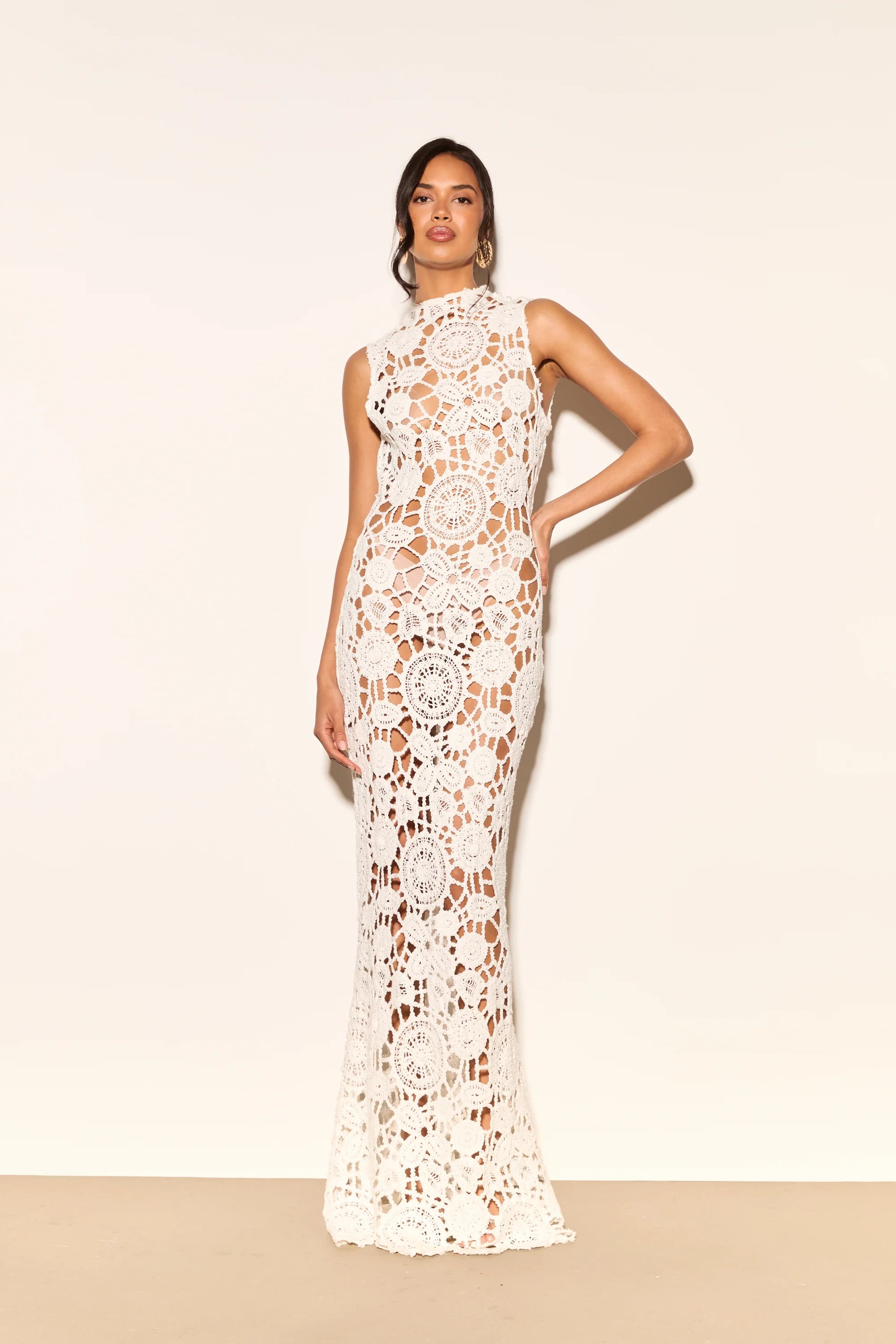 MAYA White High Neck Crochet Maxi Dress - Image 3