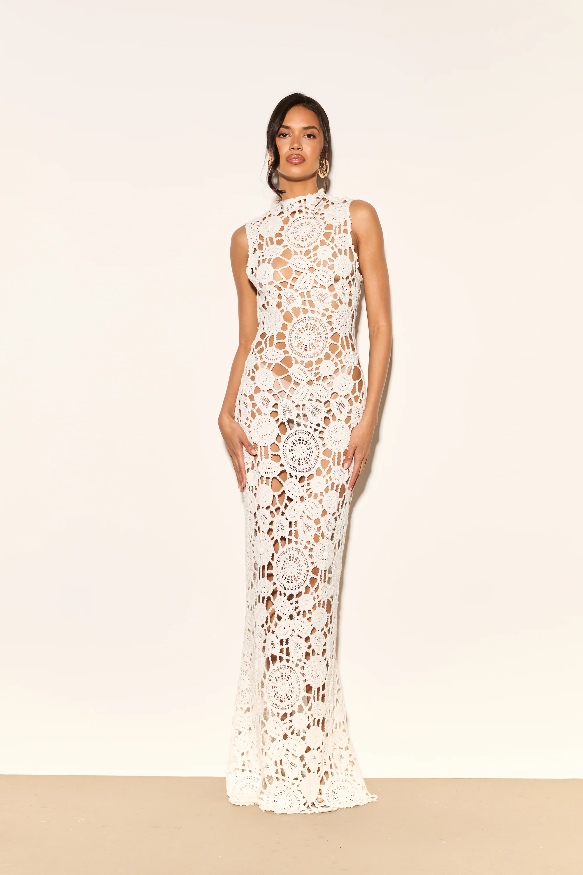 MAYA White High Neck Crochet Maxi Dress - Image 4