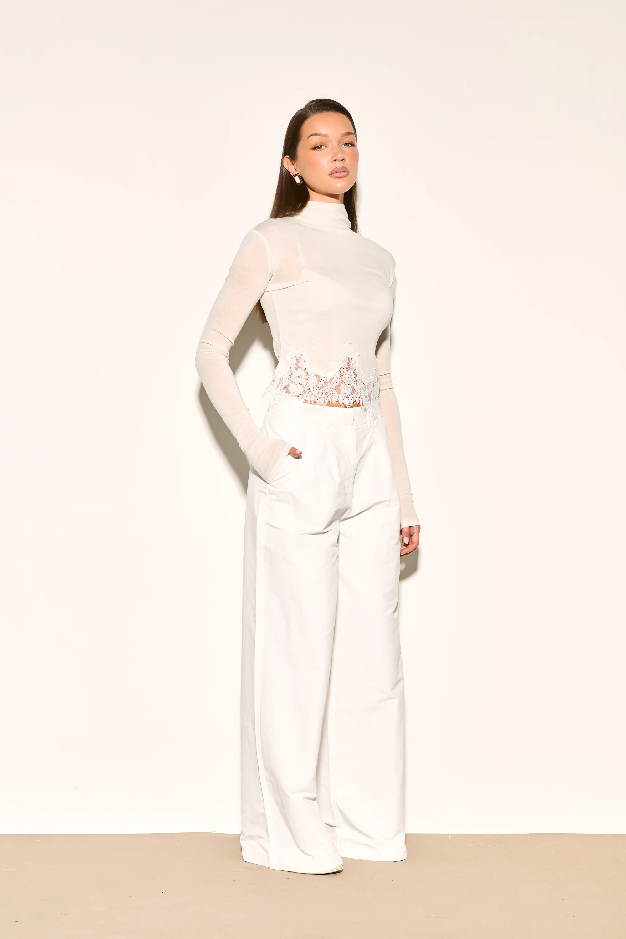 TALA White High Neck Lace Trim Top - Image 2