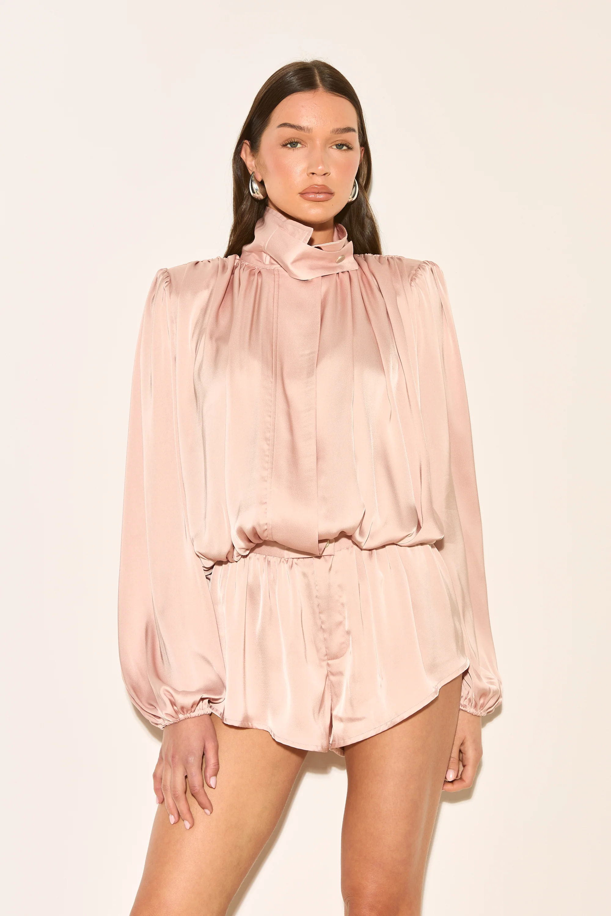 TELIA Blush Pink Satin Funnel Neck Playsuit - Image 2