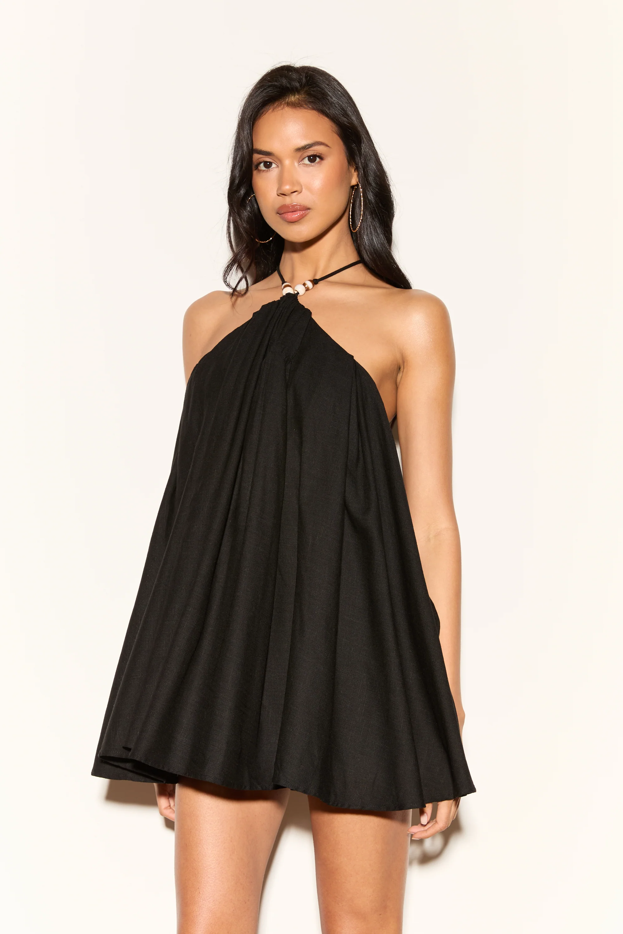 VALENCIA Black Beaded Linen Halterneck Dress - Image 3