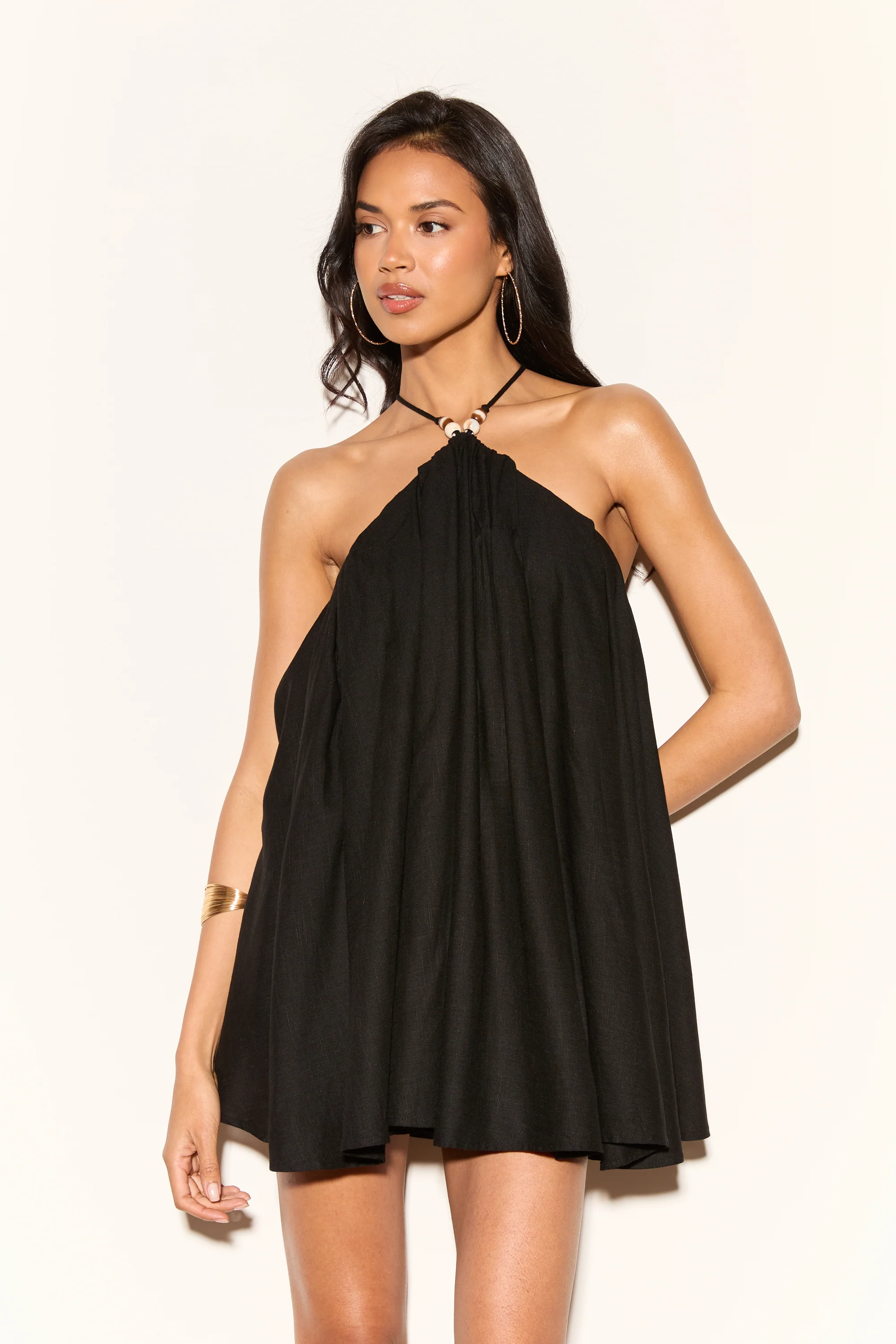 VALENCIA Black Beaded Linen Halterneck Dress - Image 5