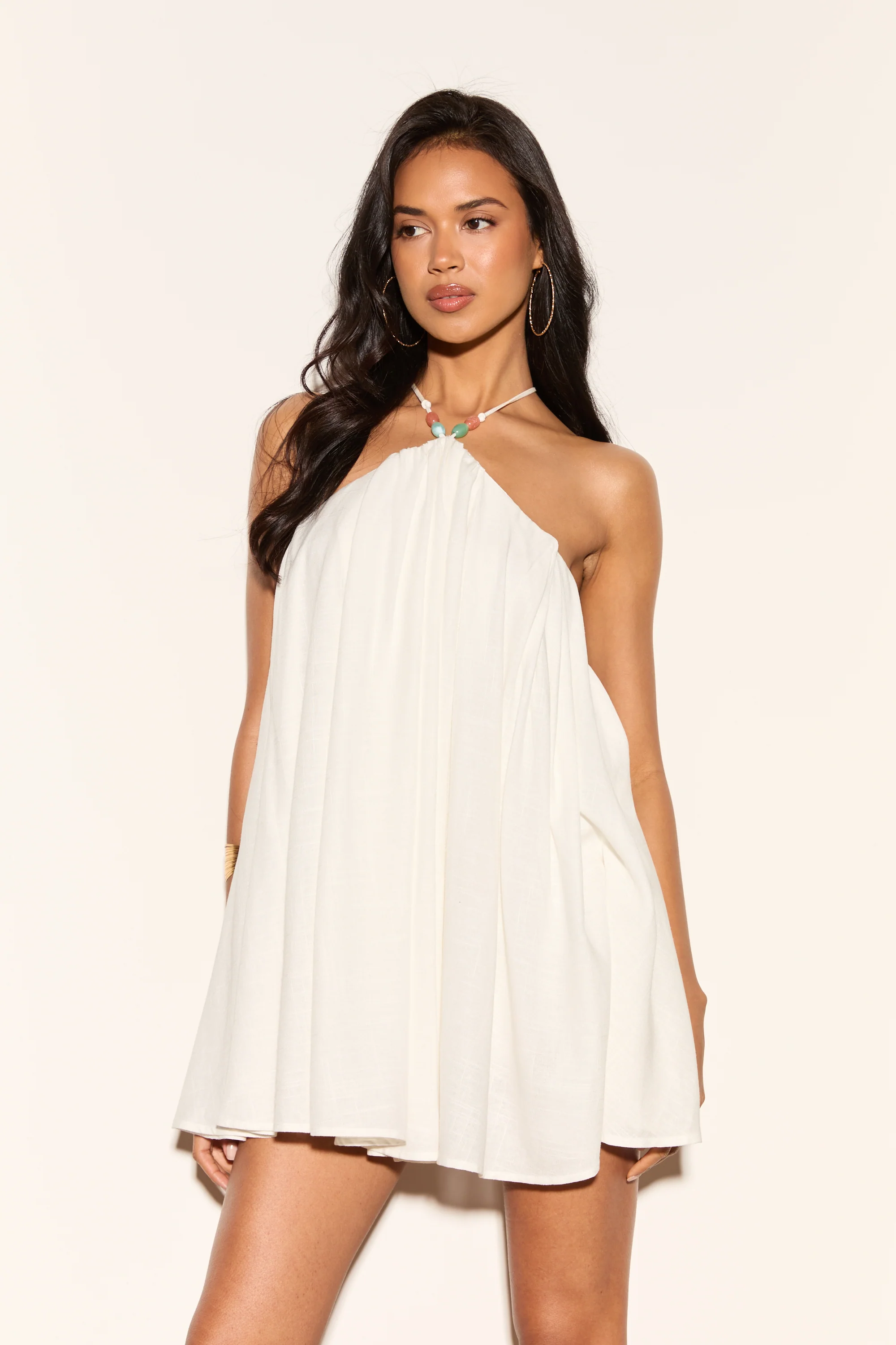 VALENCIA White Beaded Linen Halterneck Dress