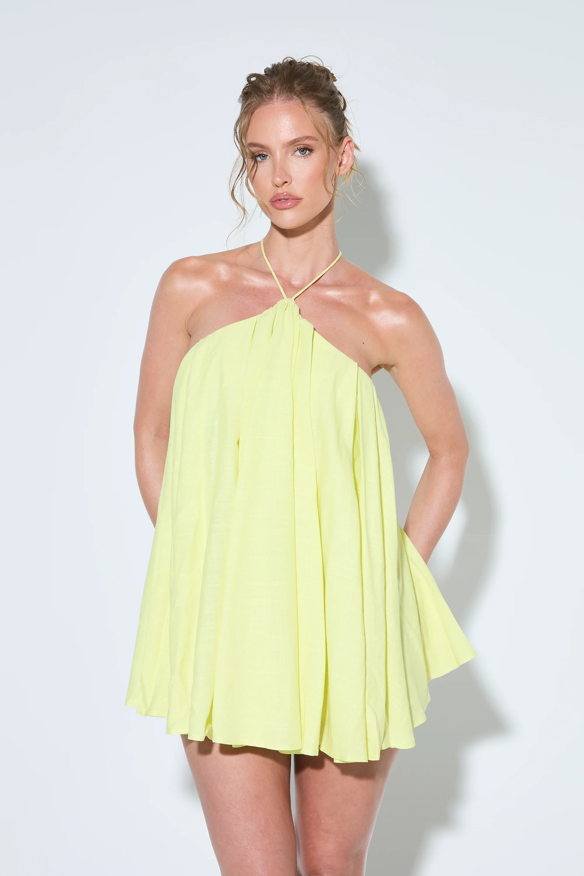 VALENCIA Yellow Linen Halter Dress - Image 3